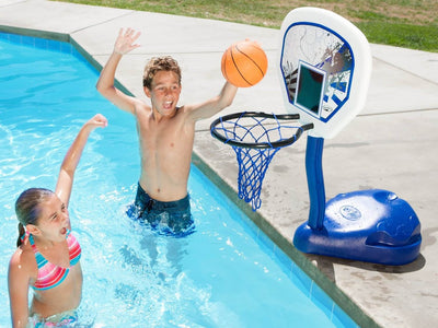 SwimWays Poolside Basketball Hoop with Ball and Volleyball Water Sport Game Set