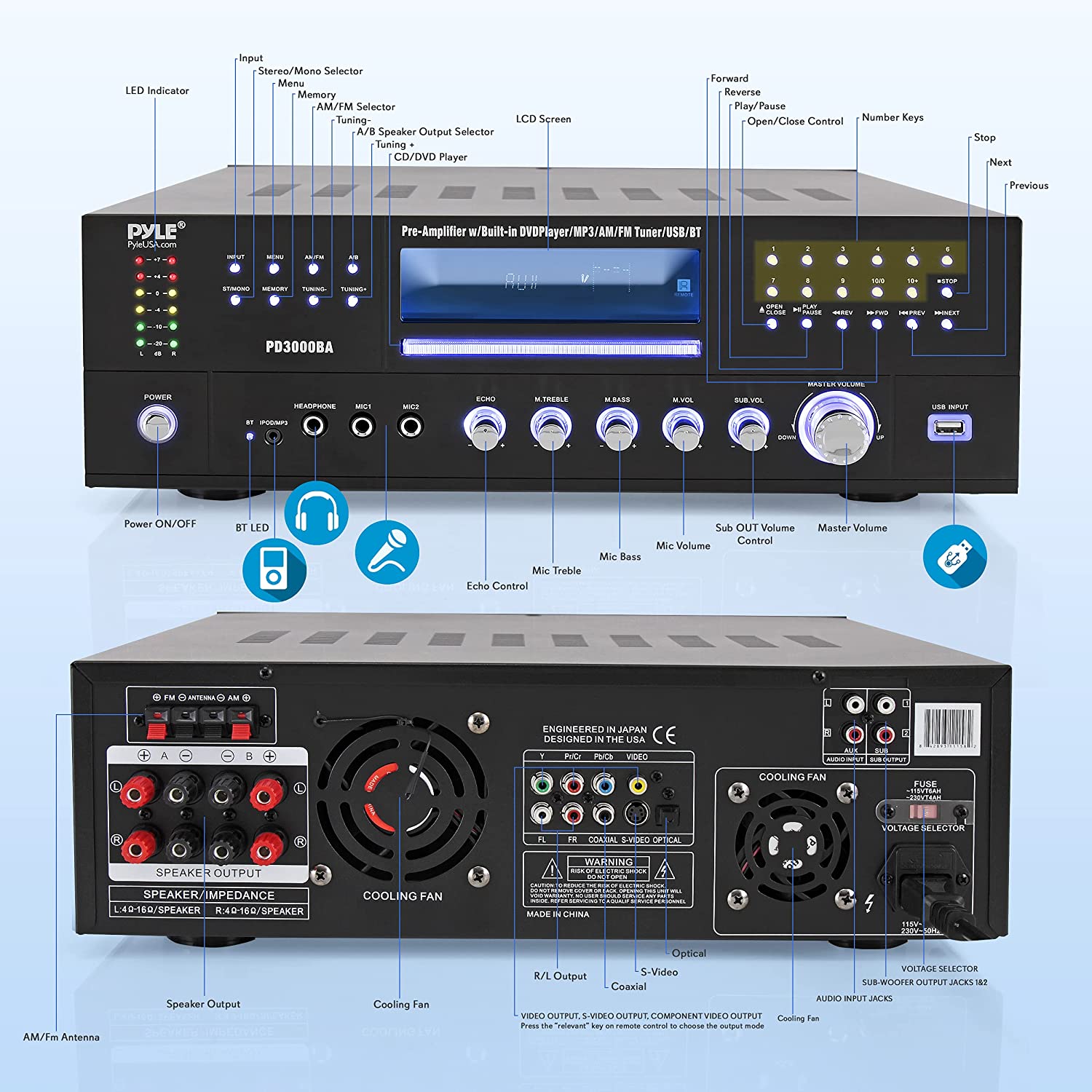 Pyle PD3000BA Home Theater Preamplifier Bluetooth Audio & Video Stereo Receiver - VMInnovations