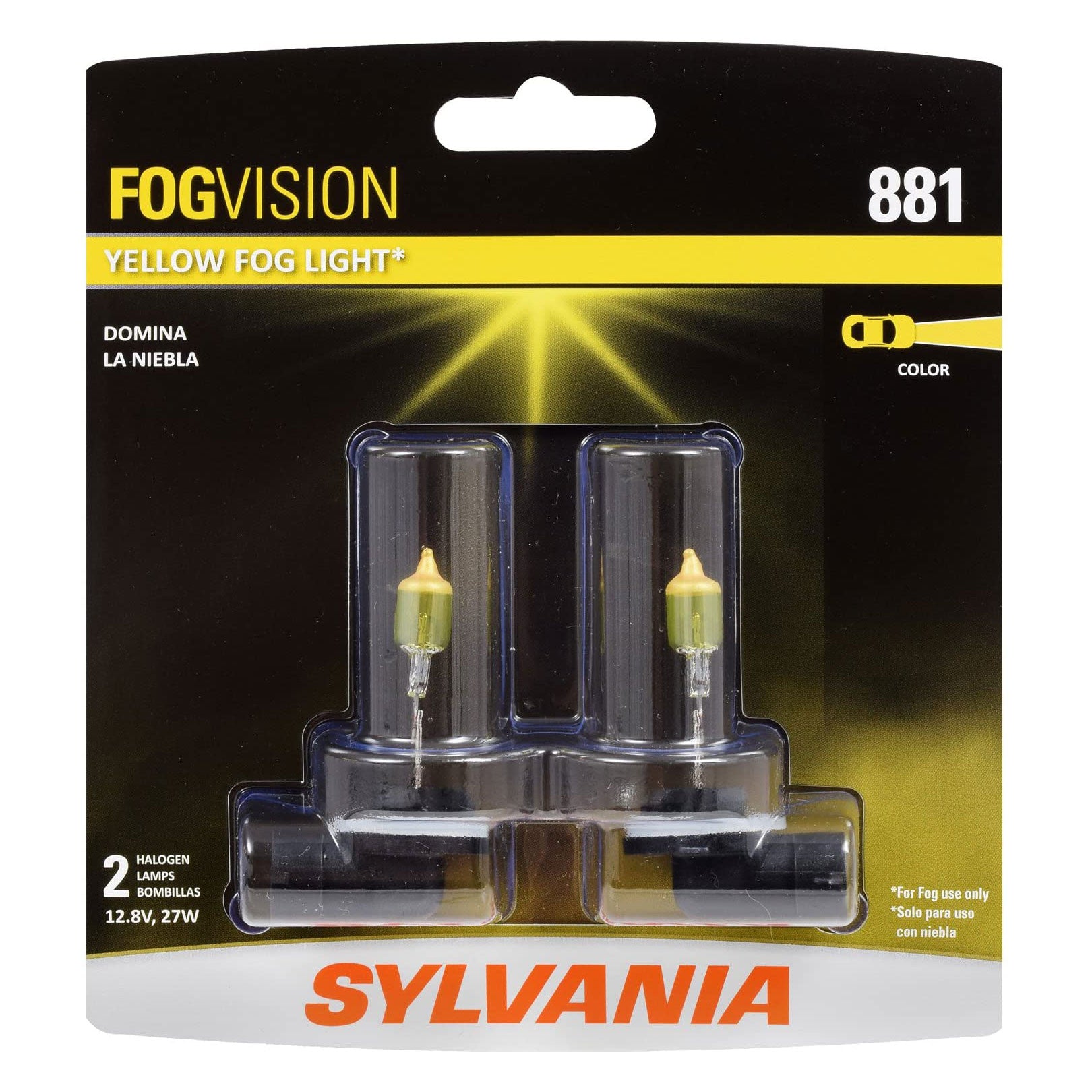 Sylvania 881 Fog Vision Yellow High Performance Halogen Light Bulb Set, 2 Pack