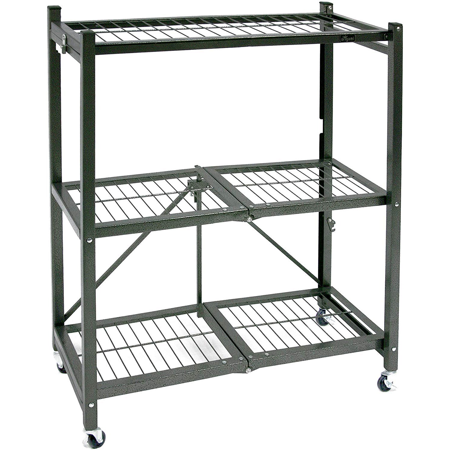 Origami R3 Foldable 3-Tiered Shelf Storage Rack & Wheels, Pewter (2 Pack) - VMInnovations