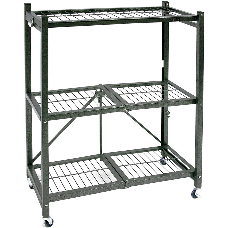 Origami R3 Foldable 3-Tiered Shelf Storage Rack & Wheels, Pewter (2 Pack)