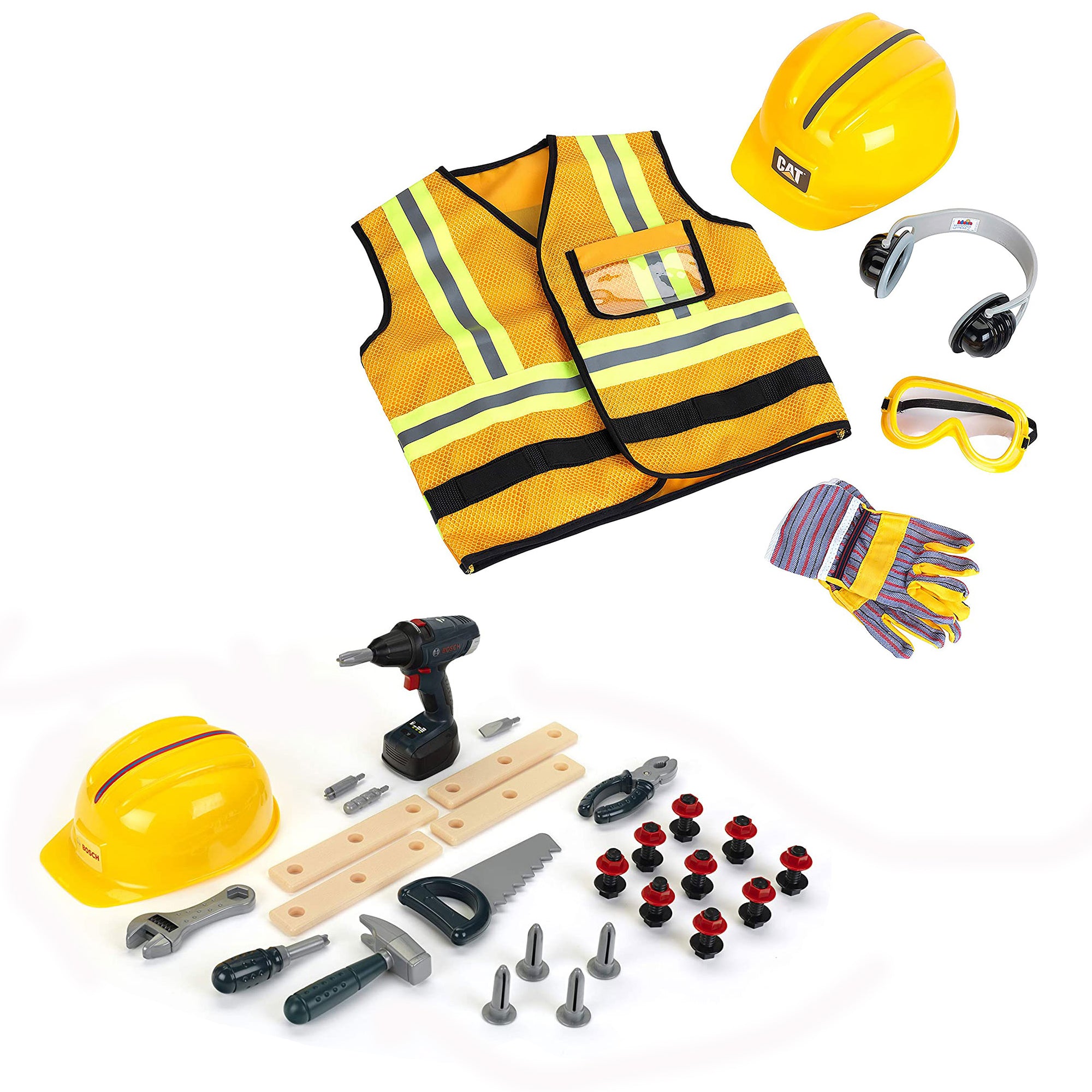 Theo Klein Bosch DIY Construction Toy Toolset Bundle w/ Caterpillar Worker Vest