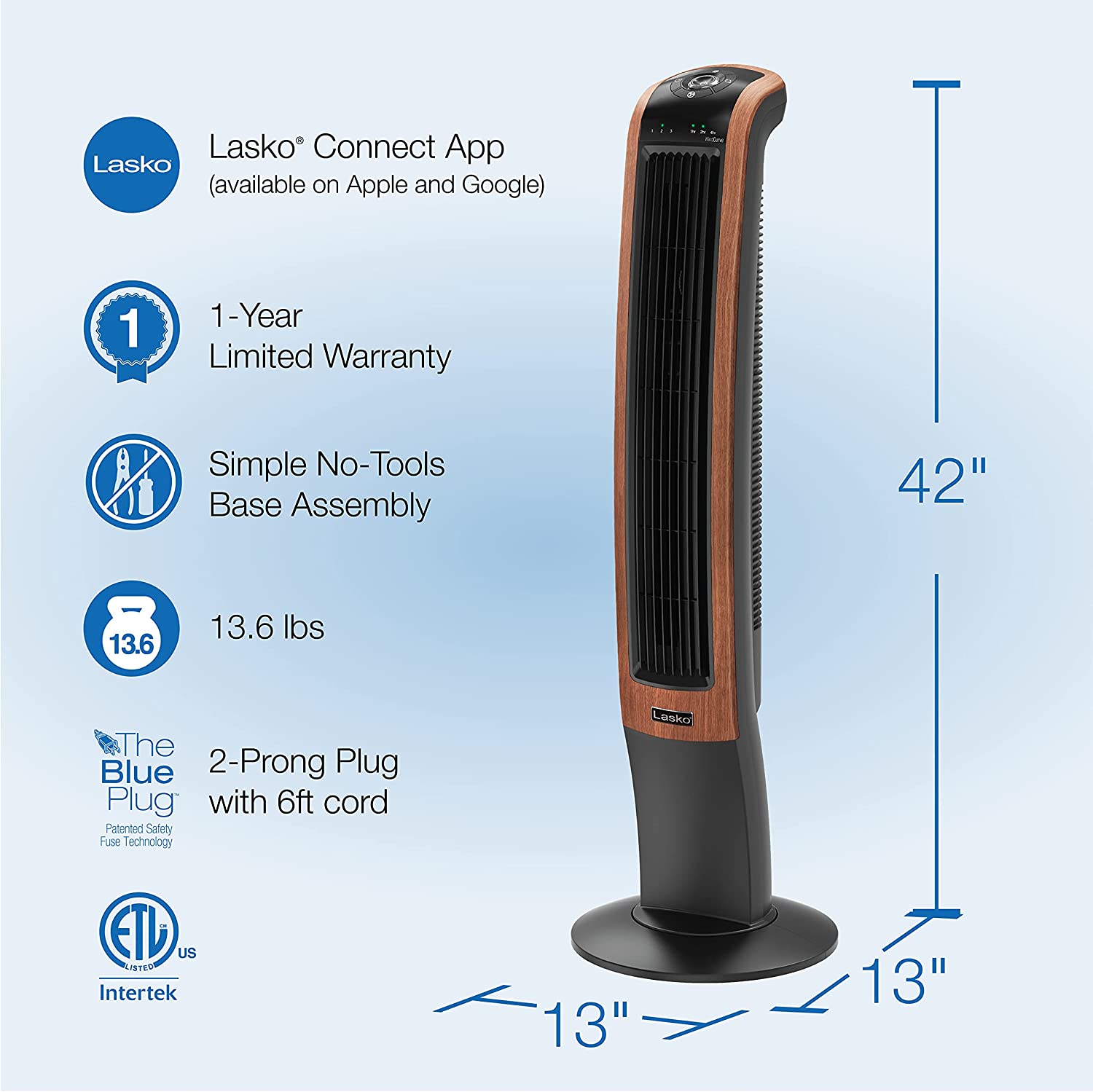 Lasko 42" Wind Curve Woodgrain Electric Slim Standing Tower Fan with Bluetooth - VMInnovations