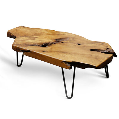 Natural Wood Edge Teak Coffee Cocktail Table with Clear Lacquer Finish (Damaged)