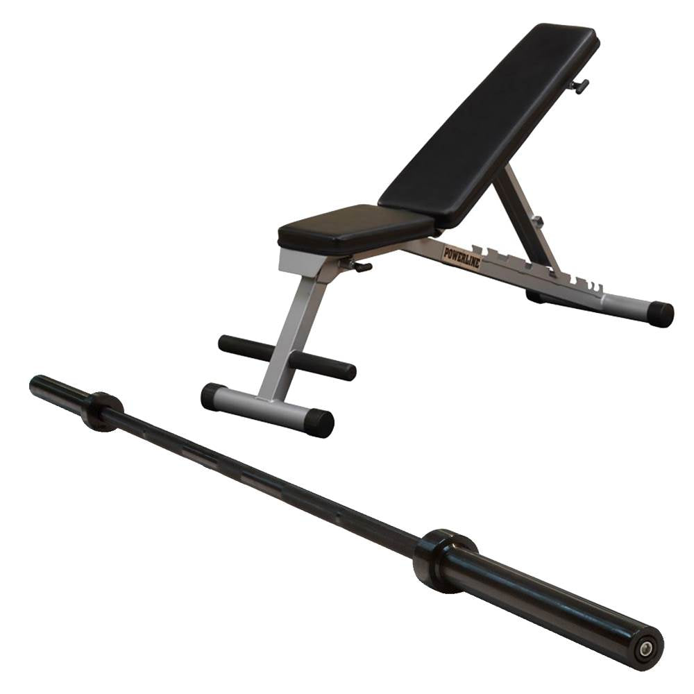 Body Solid Powerline Flat Folding Home Gym Multi-Bench Press w/ Olympic Barbell