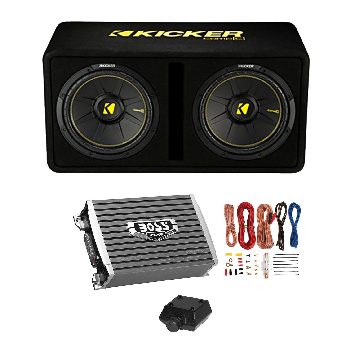 Kicker Dual 10" 1200W Subwoofer Enclosure and 1500W Monoblock Amp w/ Wiring Kit