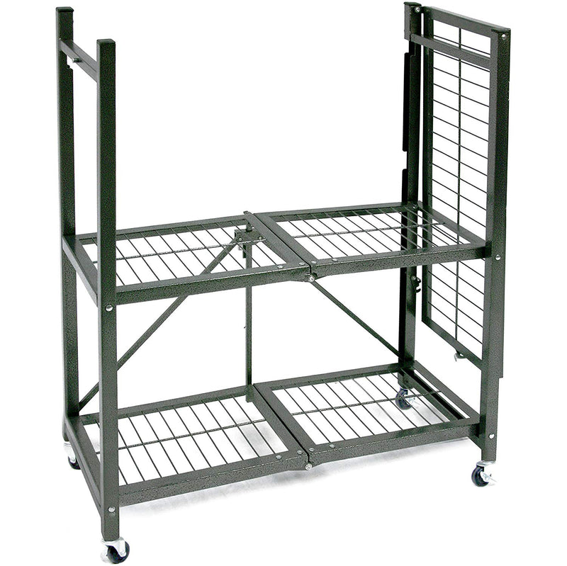 Origami R3 Foldable 3-Tiered Shelf Storage Rack & Wheels, Pewter (2 Pack)