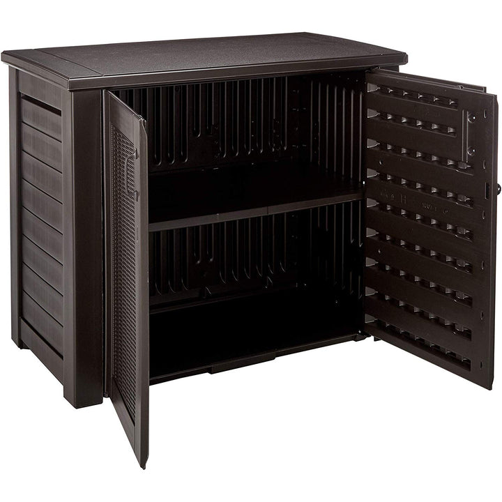 Rubbermaid Weather Resistant Resin Chic Outdoor Patio Storage Cabinet, Black Oak - VMInnovations
