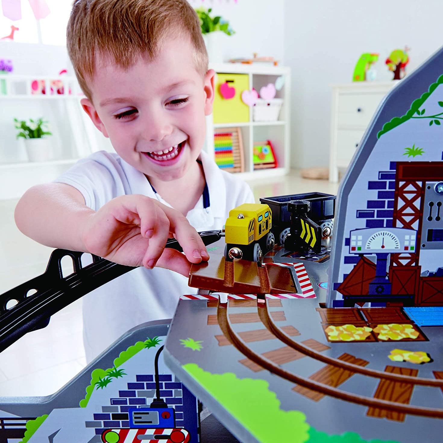 Hape Kids Wooden Railway Cargo Train Station Mighty Mountain Mine Toy Play Set