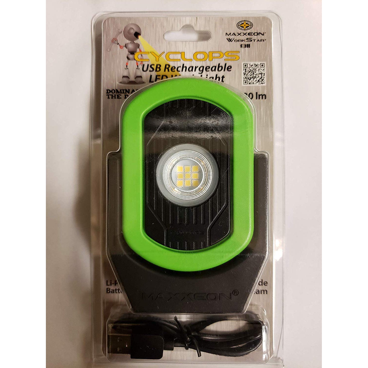 Maxxeon MXN00811 720 Lumens USB Rechargeable LED Cyclops Work Light, Green