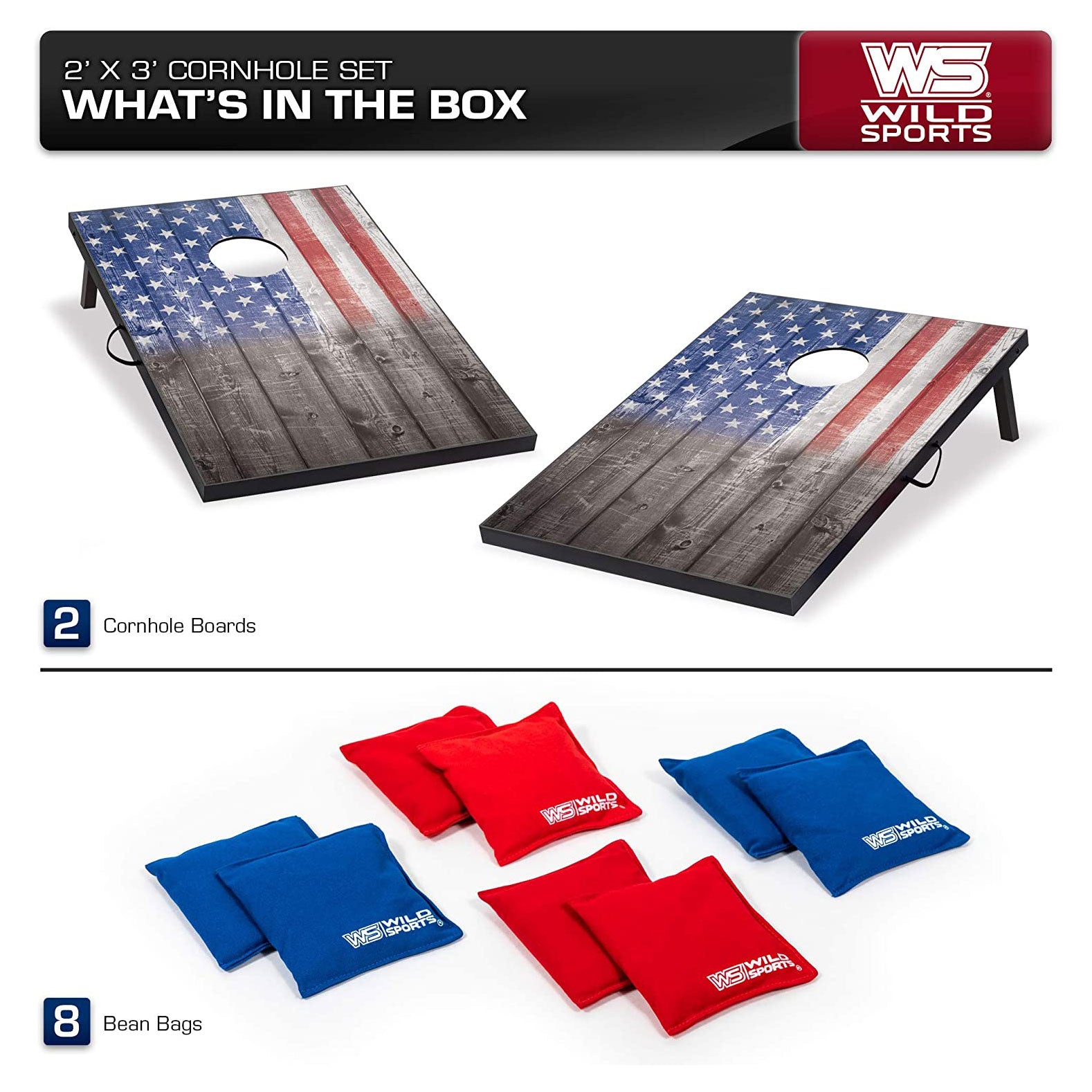 Wild Sports 2 x 3 Foot Stars and Stripes USA Flag Cornhole Outdoor Bags Game Set