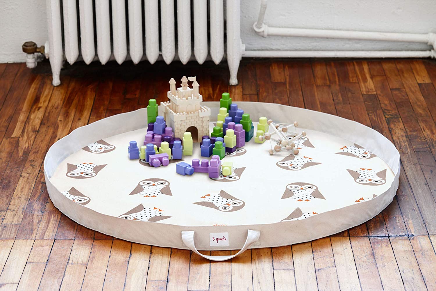 3 Sprouts Storage Bin Basket and Toy Storage Bag Play Mat, Gray Owl Pattern