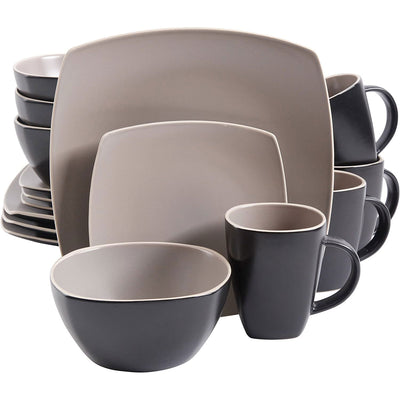 Gibson Elite 16 Piece Square Matte Dinnerware Set with Plates, Bowls, and Mugs