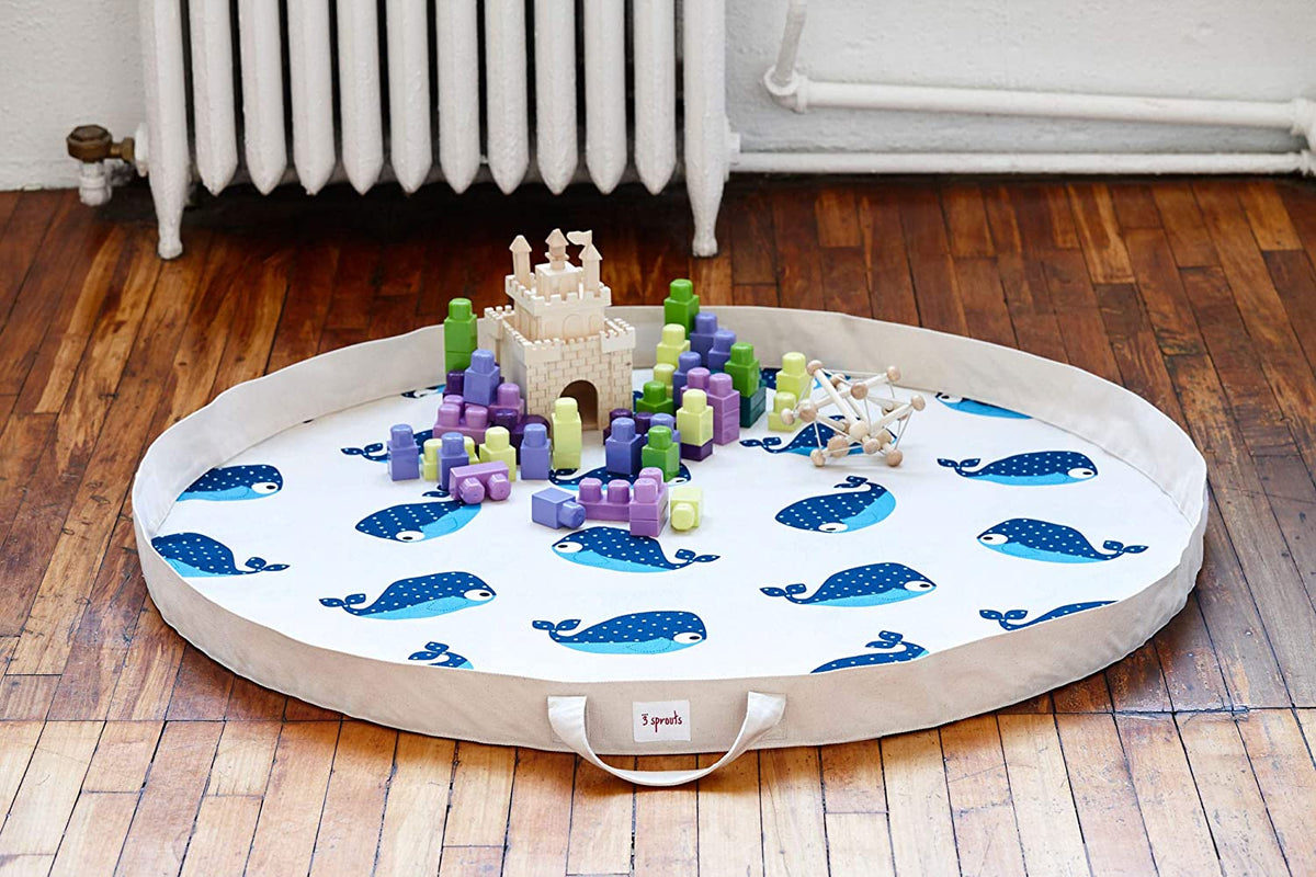 3 Sprouts Convertible Toy Storage Bag and Portable Play Mat, Blue Whale Pattern
