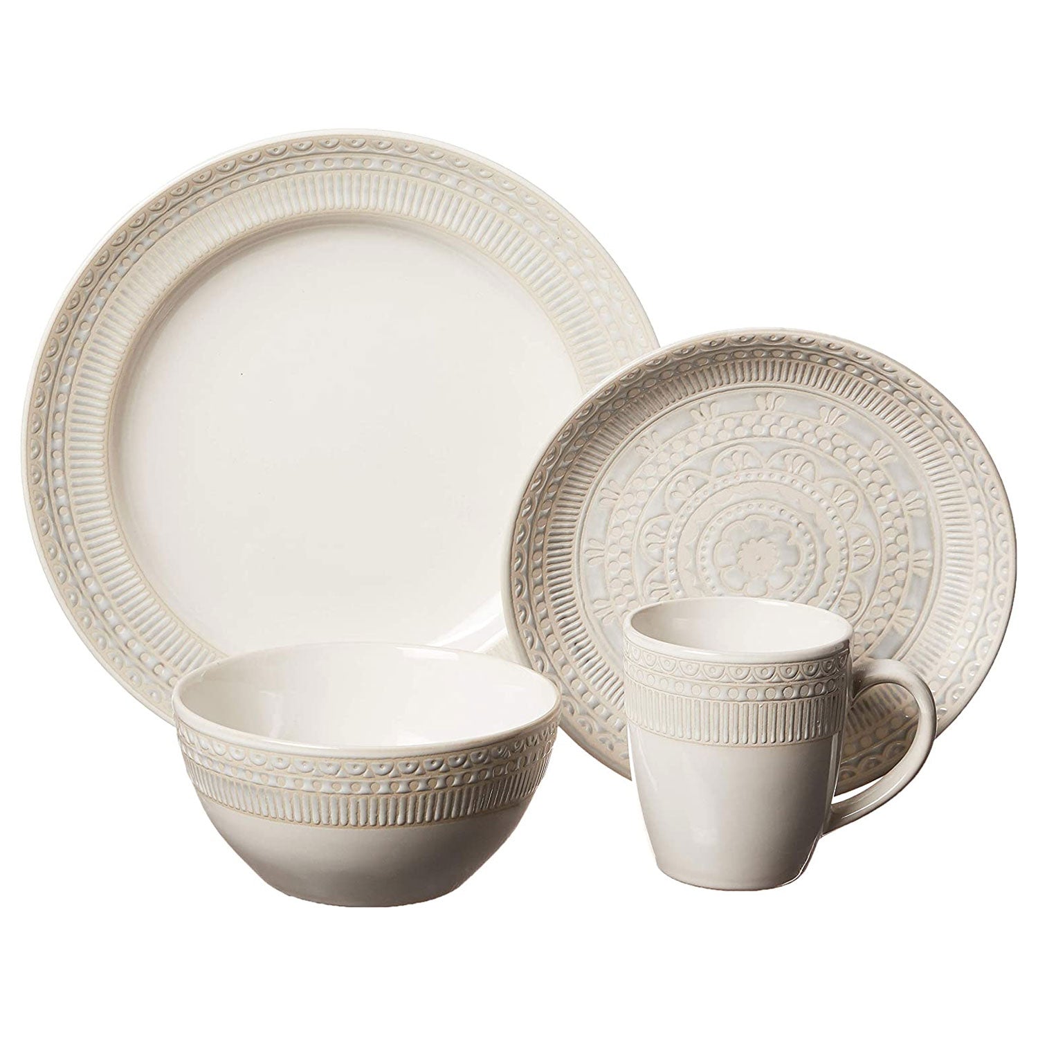Gibson 16 Piece Reactive Glaze Dinnerware Set Plates, Bowls, and Mugs, Cream (For Parts)