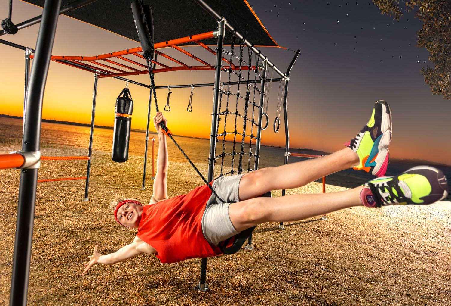 Monkey Bar Box A + Monkey Bar Box B + Monkey Bar Box C + Monkey Bar Box E + Monkey Bar Box F + Monkey Bar Box G + Cargo Net (XL/L) + Quest Shade Cover (Large) + Bungee Rope + Bounce Swing only (no bungee) + Gym Rope - VMInnovations