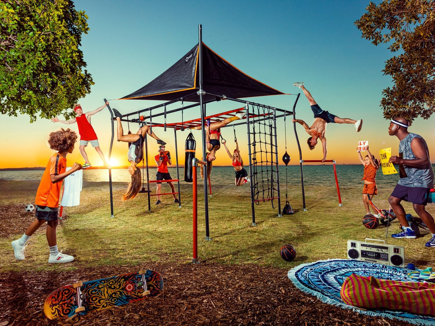 Monkey Bar Box A + Monkey Bar Box B + Monkey Bar Box C + Monkey Bar Box E + Monkey Bar Box F + Monkey Bar Box G + Cargo Net (XL/L) + Quest Shade Cover (Large) + Bungee Rope + Bounce Swing only (no bungee) + Gym Rope - VMInnovations