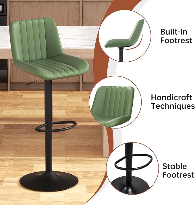 JAMFLY Modern Leather Stool – Swivel & Adjustable, Footrest, Black (Open Box)