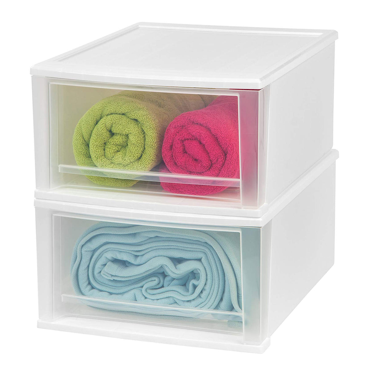 IRIS Medium 32 Qt Stackable Pull Out Clear Front Plastic Drawer, White (2 Pack)