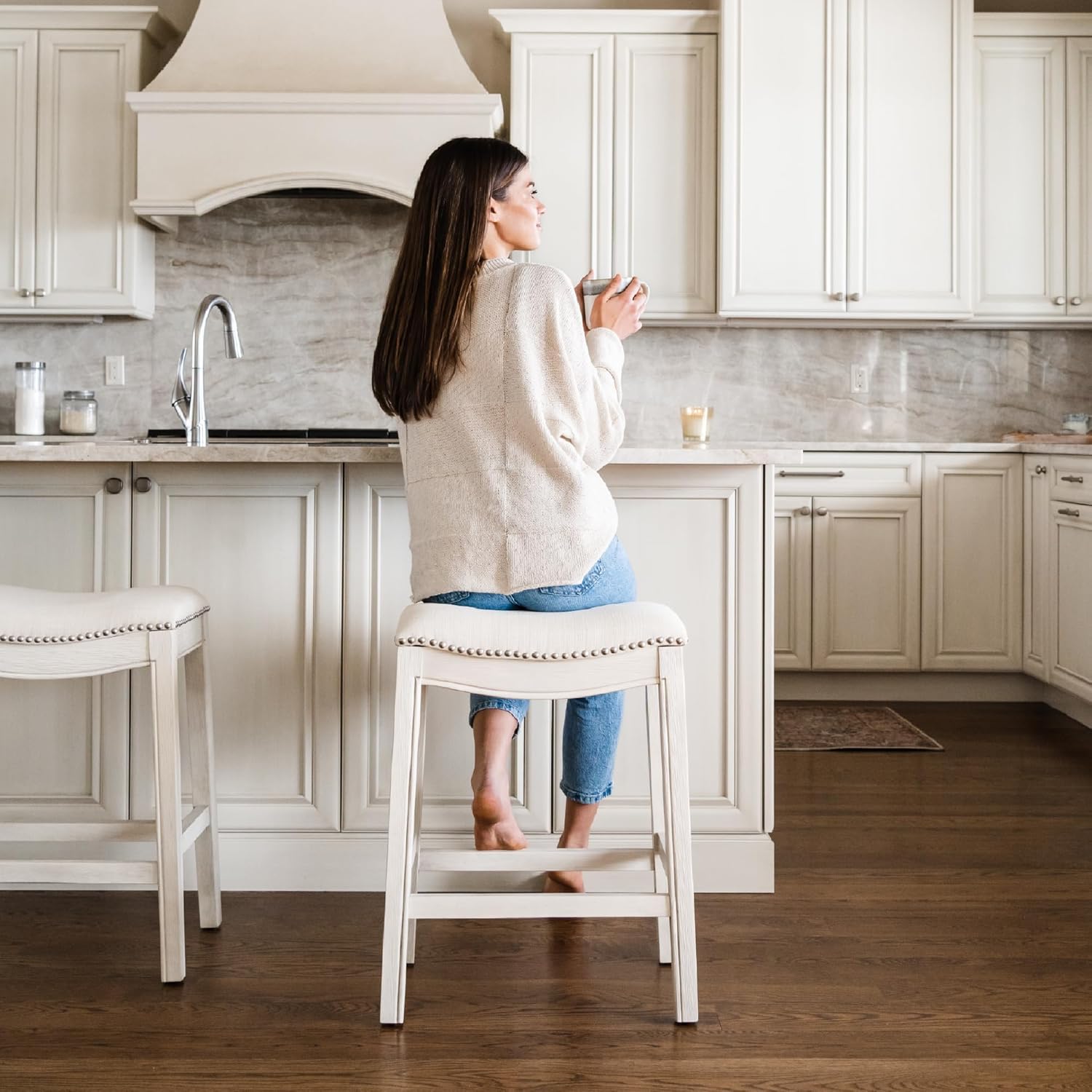 Maven Lane Adrien Kitchen Saddle Counter Stool, White Oak (Used) (2 Pack) - VMInnovations