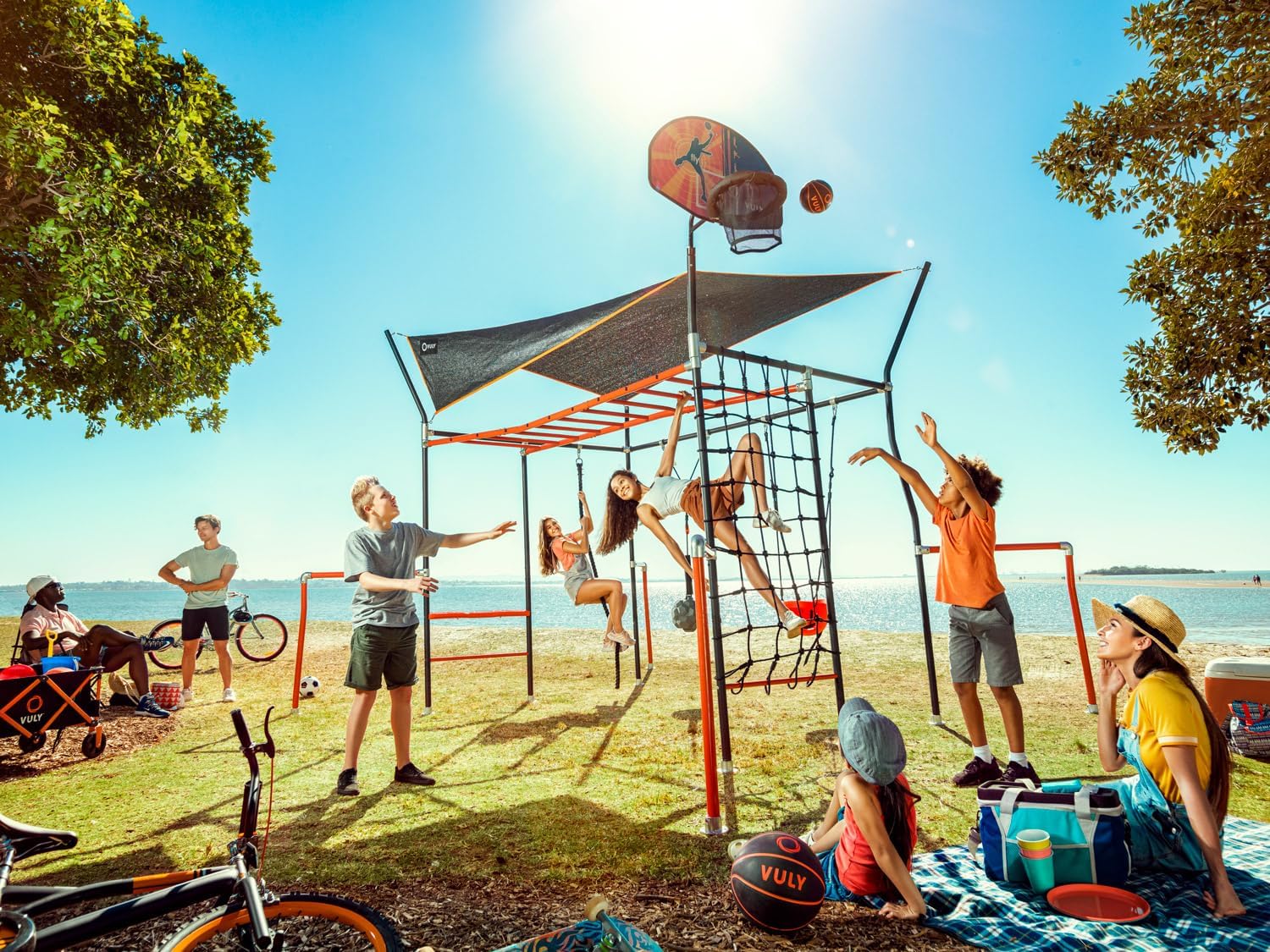 Monkey Bar Box A + Monkey Bar Box B + Monkey Bar Box C + Monkey Bar Box E + Monkey Bar Box F + Monkey Bar Box G + Cargo Net (XL/L) + Quest Shade Cover (Large) + Bungee Rope + Bounce Swing only (no bungee) + Gym Rope - VMInnovations