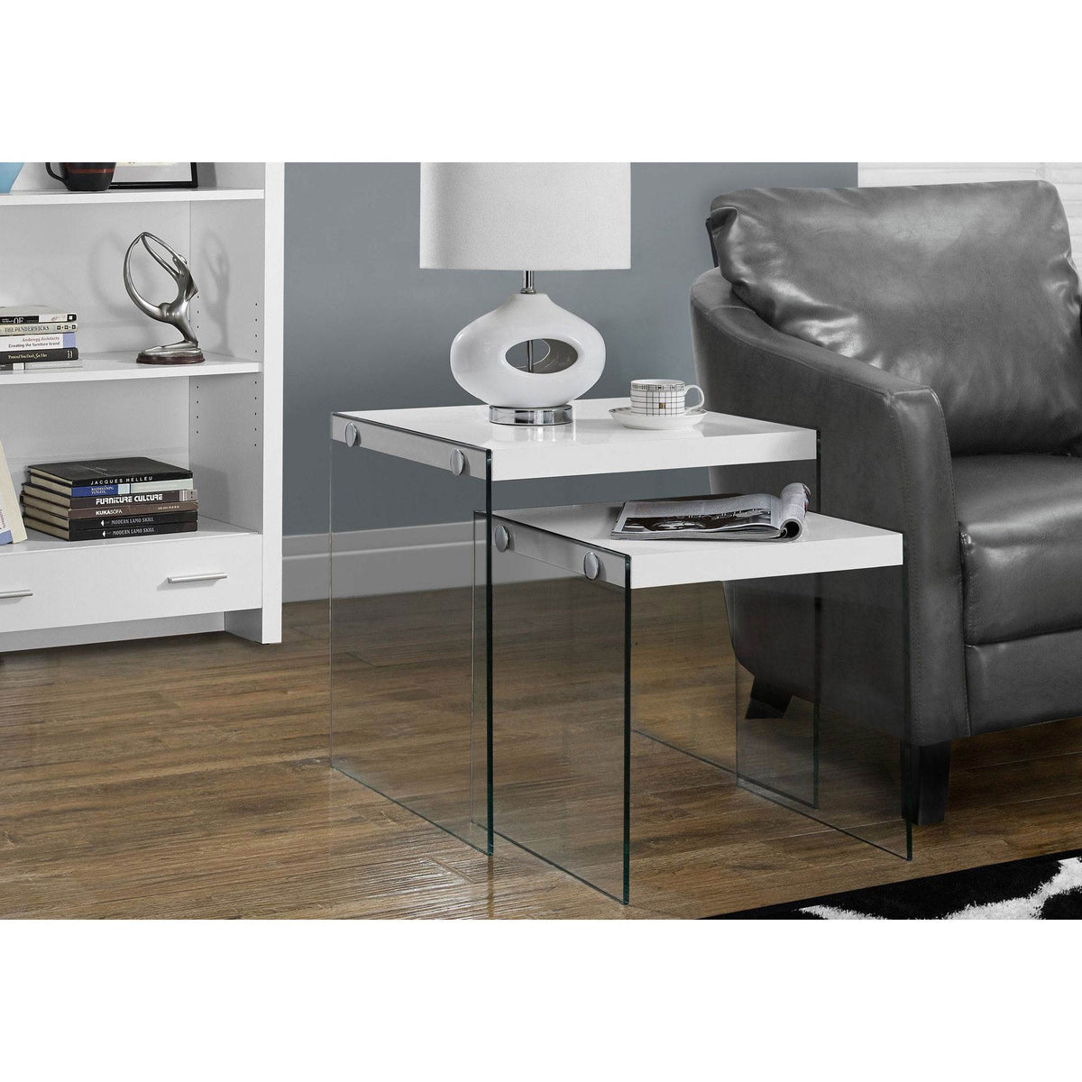 Monarch Specialties Tempered Glass 2-Pc Nesting End Tables, White (Open Box)