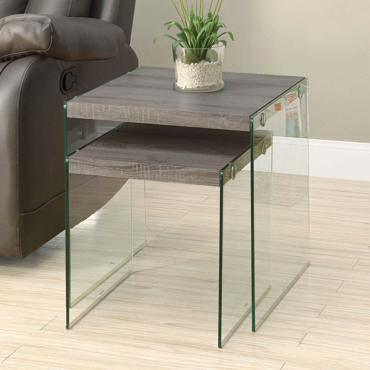 Monarch Specialties Tempered Glass Accent 2-Pc Nesting End Tables, Dark Taupe
