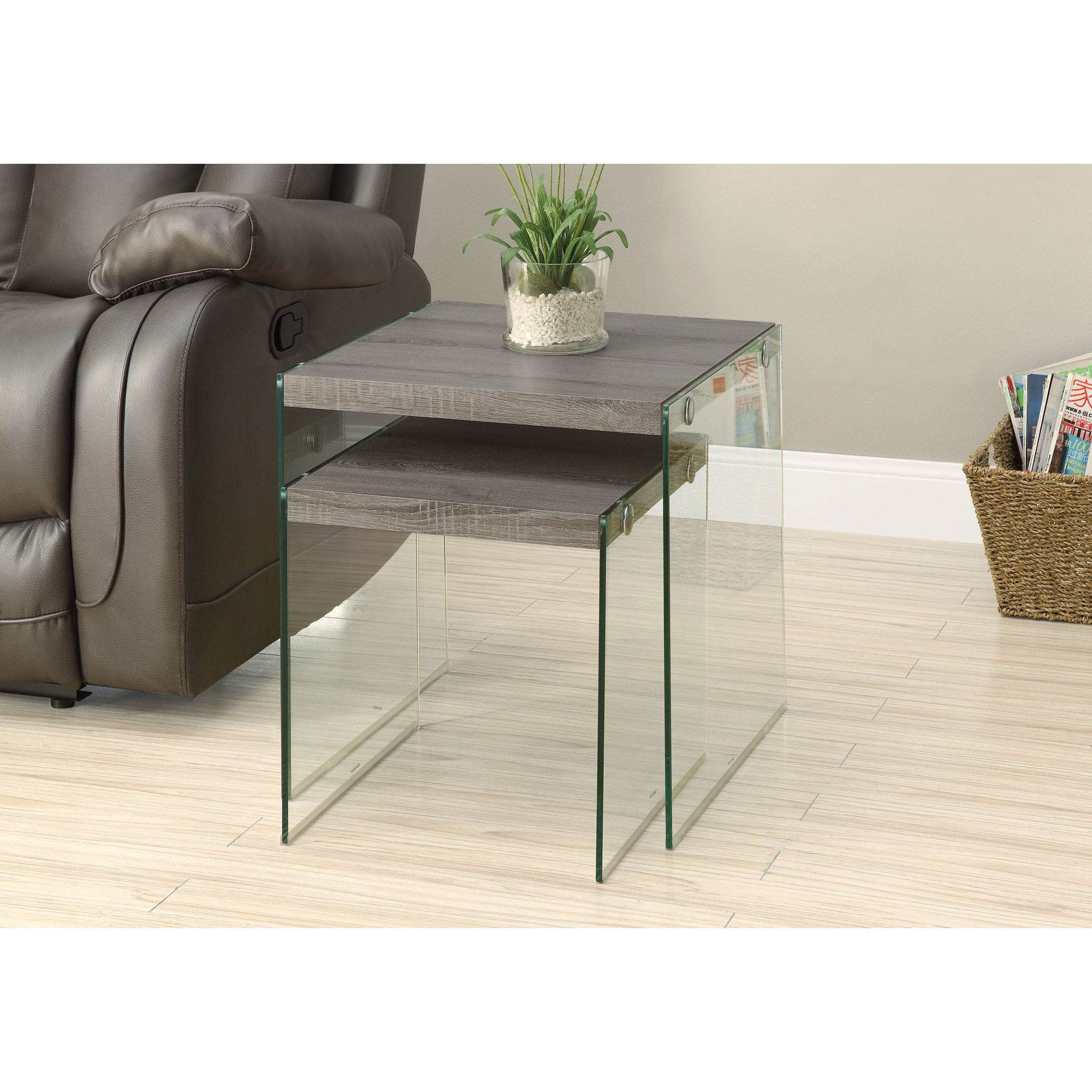Monarch Specialties Tempered Glass Accent 2-Pc Nesting End Tables, Dark Taupe