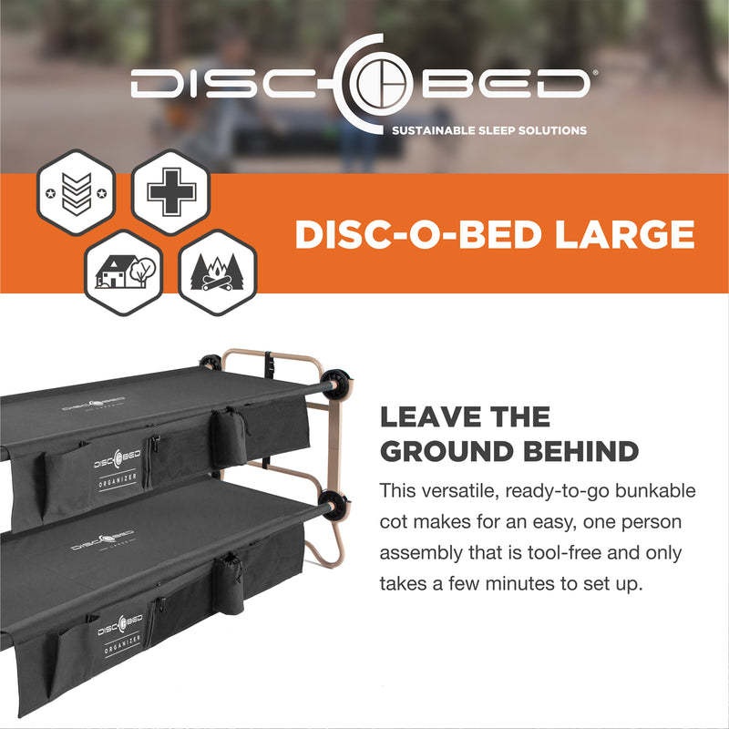 Disc-O-Bed Large Cam-O-Bunk Benchable Double Cot with Storage Organizers, Black