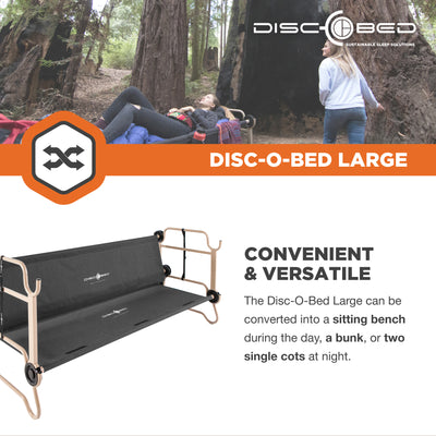 Disc-O-Bed Large Cam-O-Bunk Benchable Double Cot with Storage Organizers, Black