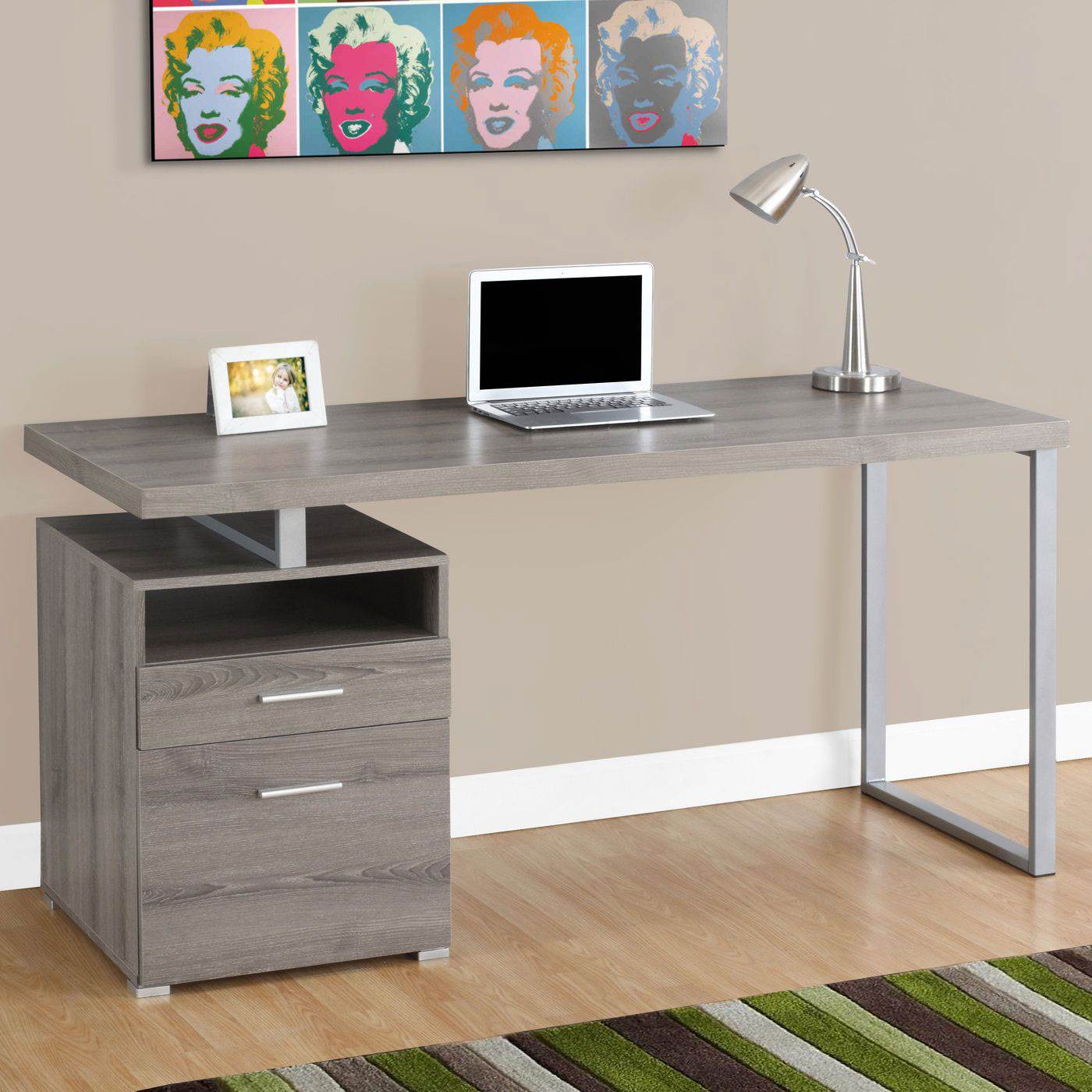 Monarch Specialties 60" Modern Home Computer Desk w/ Filing Drawer, Dark Taupe