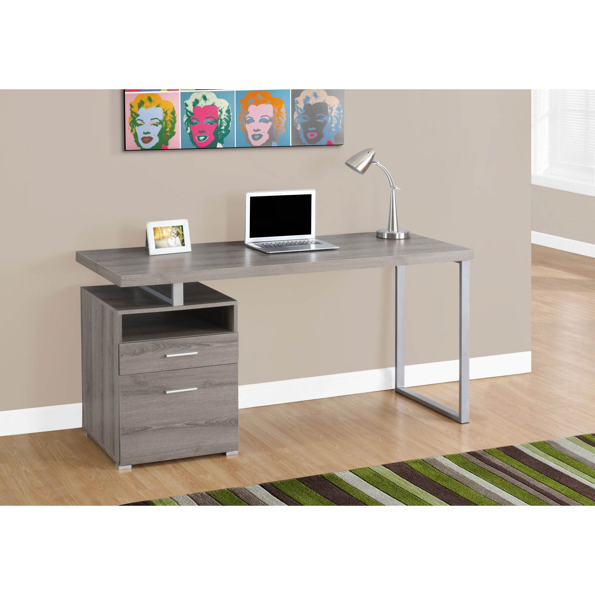 Monarch Specialties 60" Modern Home Computer Desk w/ Filing Drawer, Dark Taupe