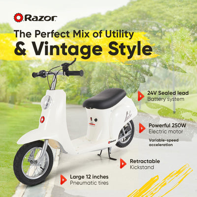 Razor Pocket Mod Miniature Euro 24V Electric Kids Ride On Retro Scooter, White - VMInnovations