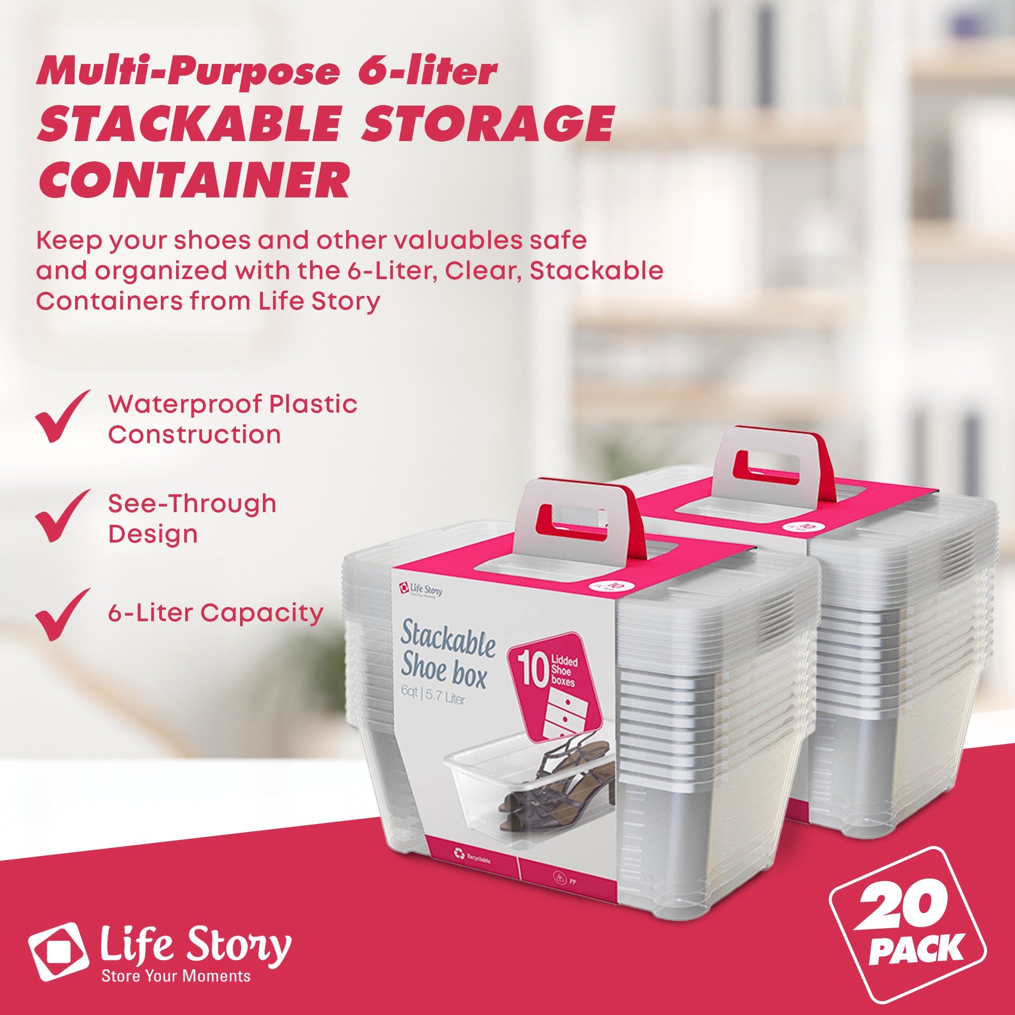 Life Story 6L Shoe and Closet Storage Box Stacking Containers, Clear (20 Pack) - VMInnovations