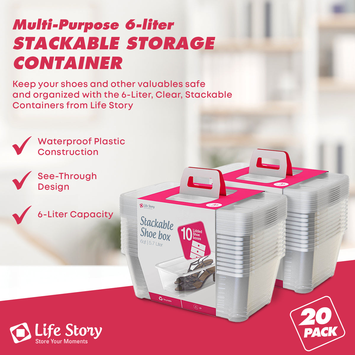 Life Story 6L Shoe and Closet Storage Box Stacking Containers, Clear (20 Pack)
