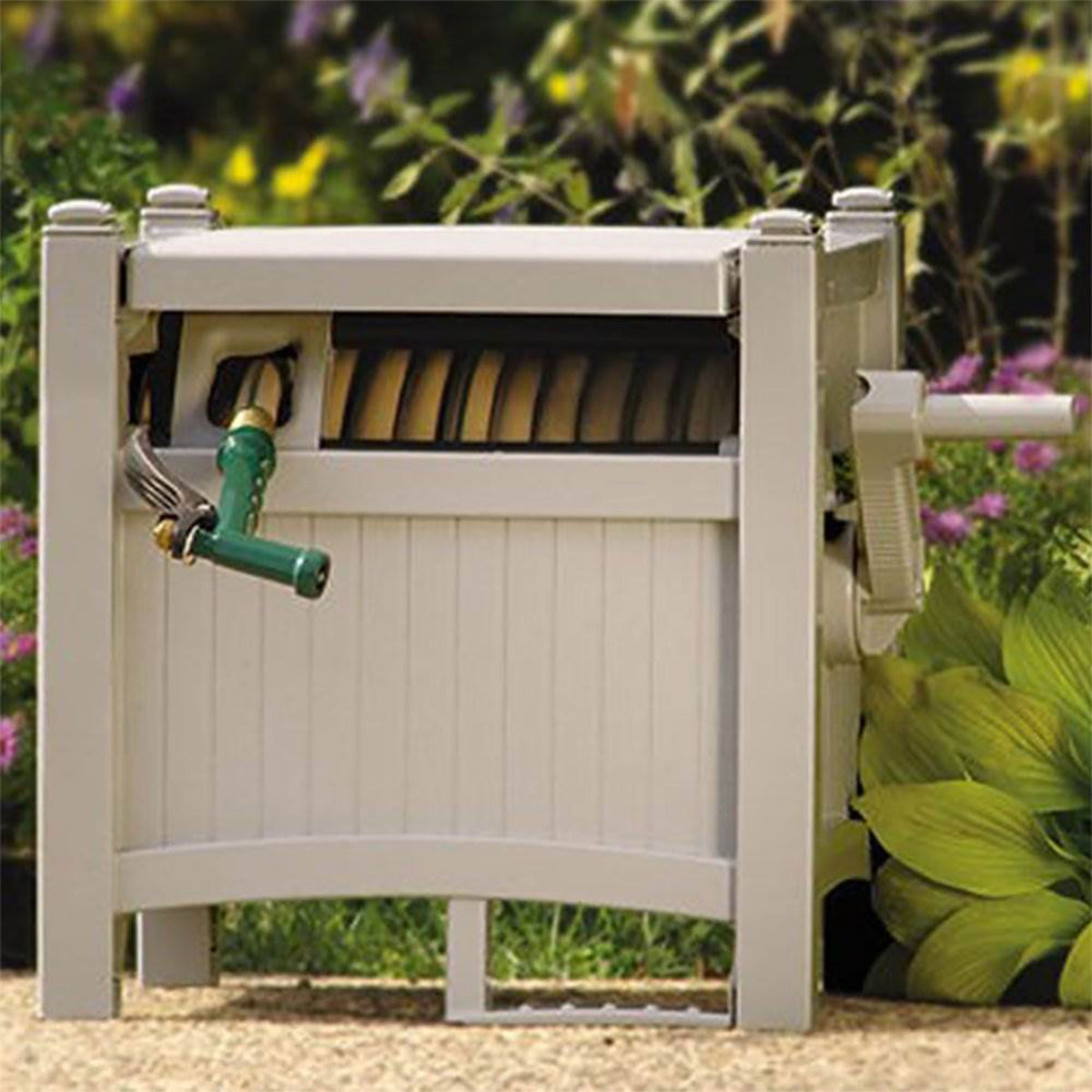 Suncast 100' Slide Trak Resin Garden Hose Reel Hideaway with Hose (Used)