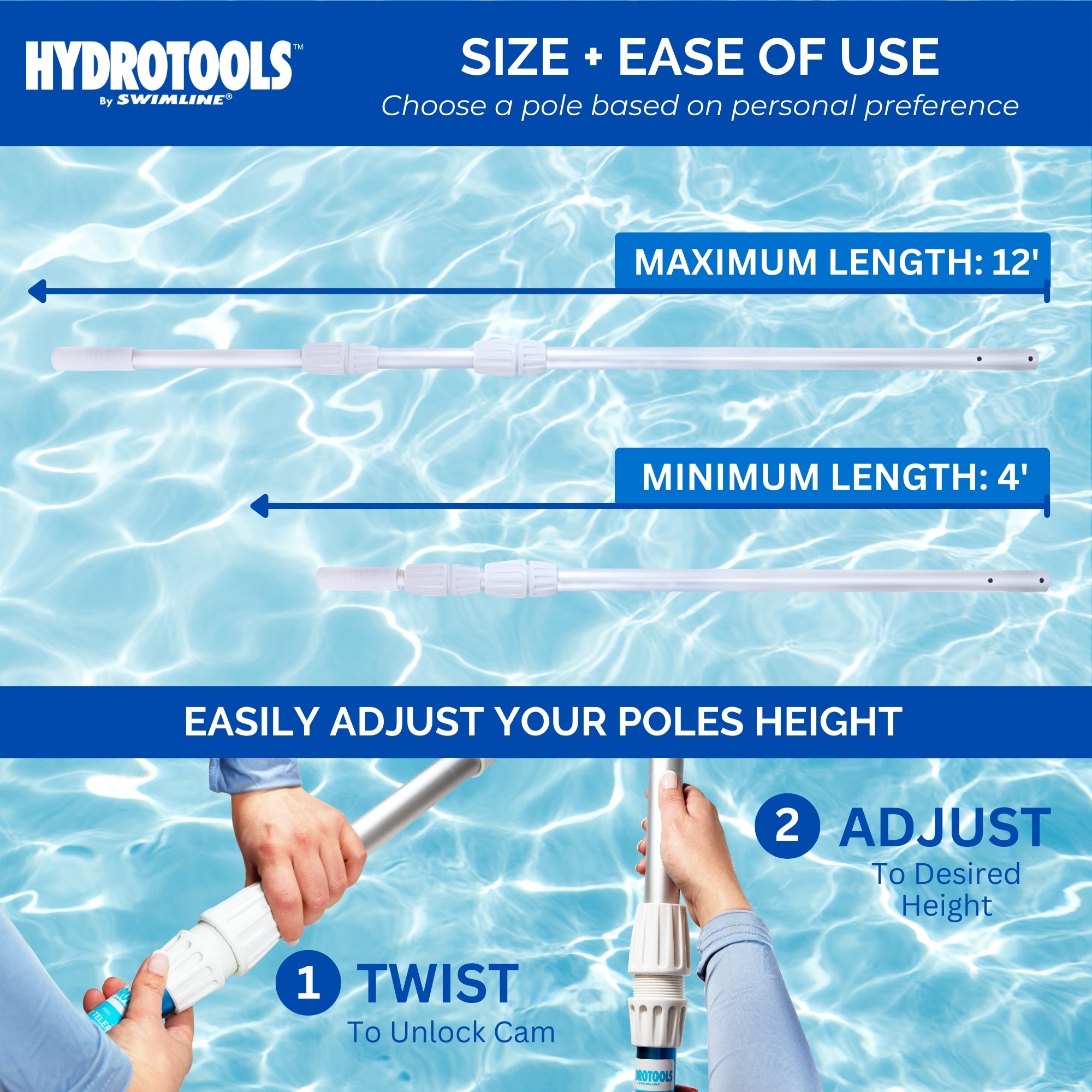 Swimline Hydrotools 3 Piece Telescopic Pole with Locking Cams for Pool Cleaning
