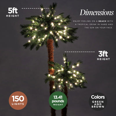 Home Heritage 5' and 3' Prelit Artificial Double Christmas Palm Trees 150 Lights
