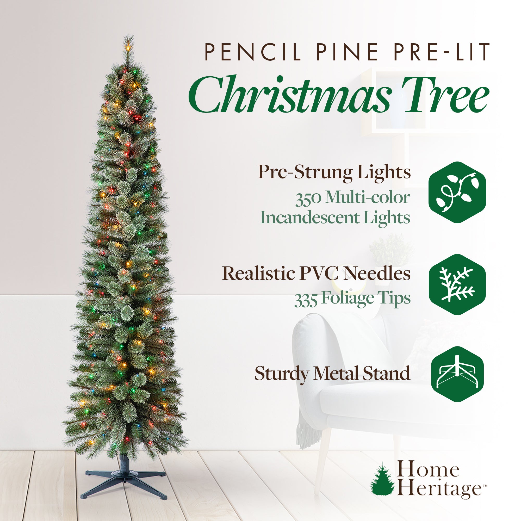 Home Heritage Stanley 7' Pine Artificial Christmas Tree, PreLit 350 Color Lights