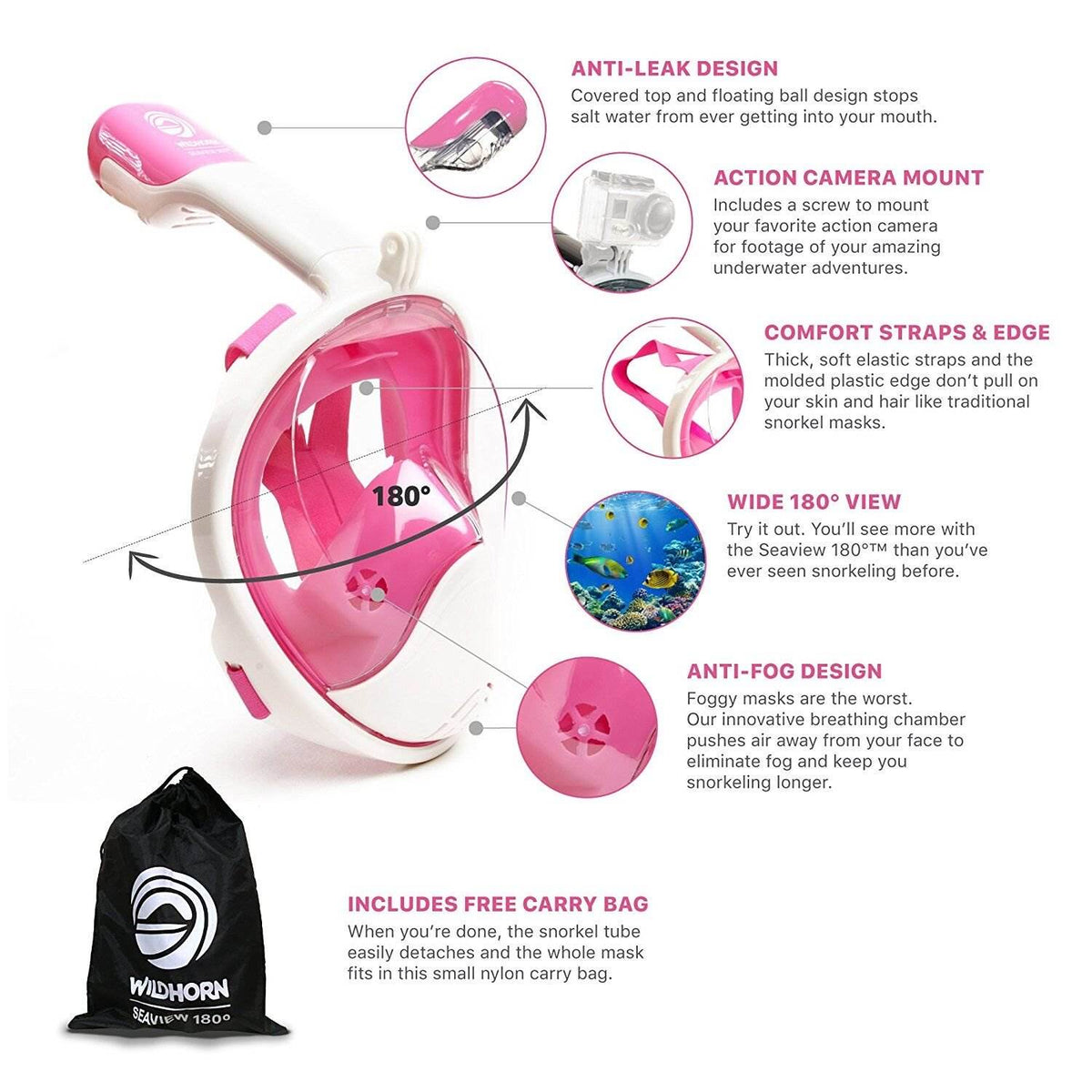 Wildhorn Seaview 180 Degree Large XLarge Full Face Snorkel Mask, Pink (Open Box)
