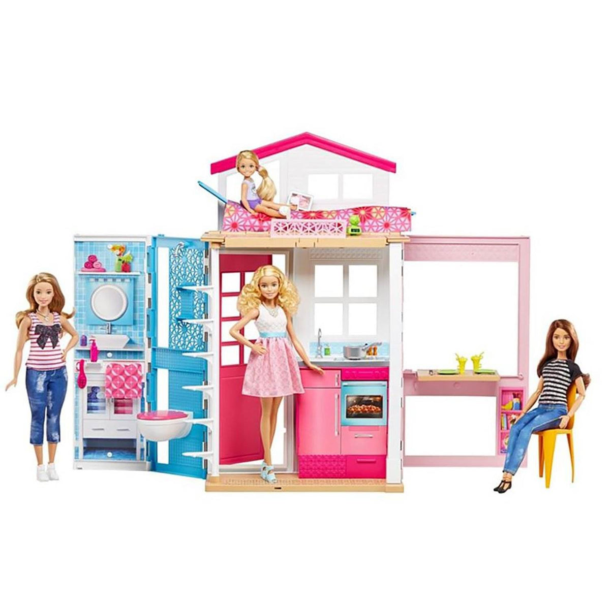 Barbie 2-Story Portable Doll House w/ Furniture & Accessories, Pink (Open Box)