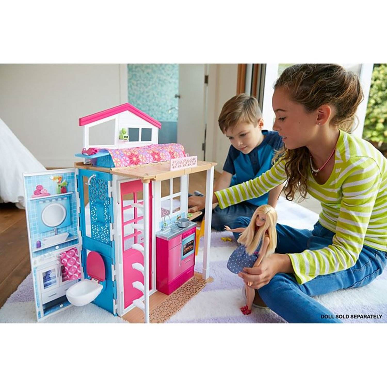 Barbie 2-Story Portable Doll House w/ Furniture & Accessories, Pink (Open Box)