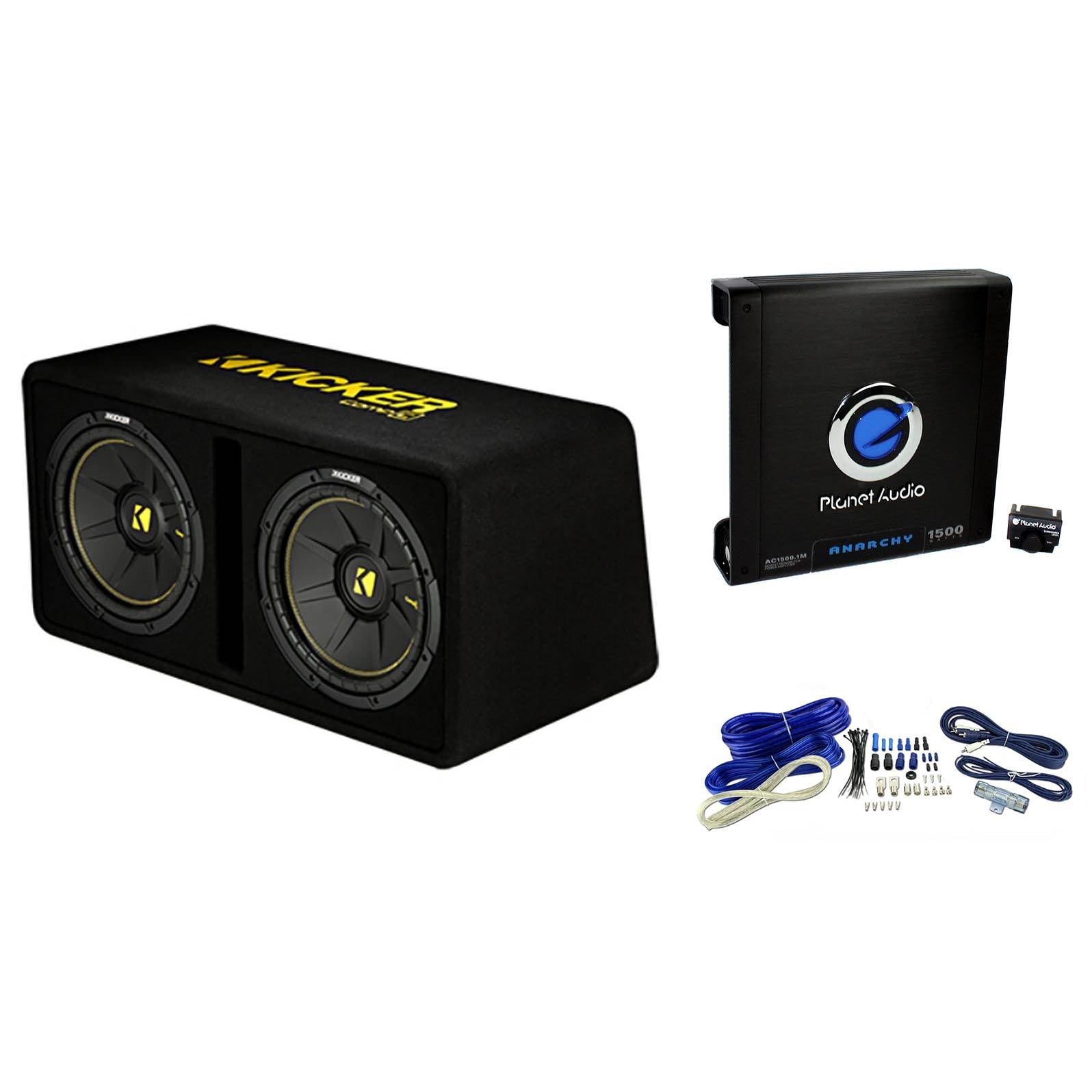Kicker 10" 1200W Subwoofer Enclosure & Planet Audio Mono Amplifier w/ Wiring Kit