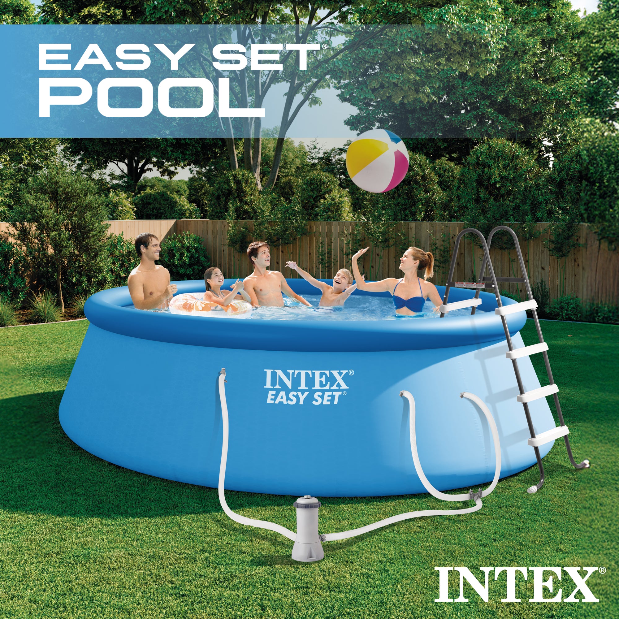Intex Above Ground Swimming Pool, Ladder with Pump and 15’ Pool Debris Cover