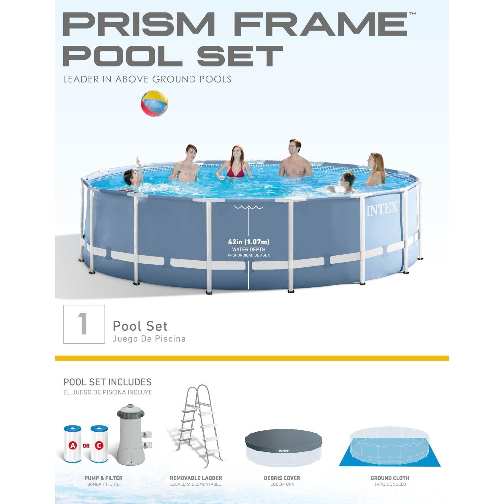 Intex 15ft x 48in Prism Frame Above Ground Swimming Pool Set & Ladder/Cover