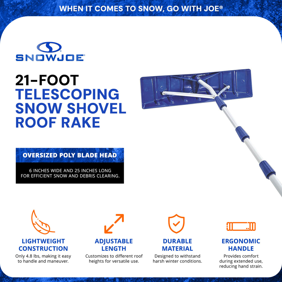 Snow Joe Telescoping Rake, Extendable Roofing Snow Shovel w/ Poly Blade, RJ204M