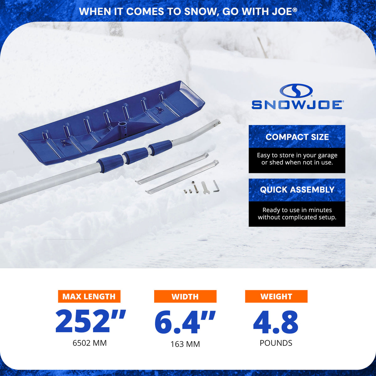 Snow Joe Telescoping Rake, Extendable Roofing Snow Shovel w/ Poly Blade, RJ204M