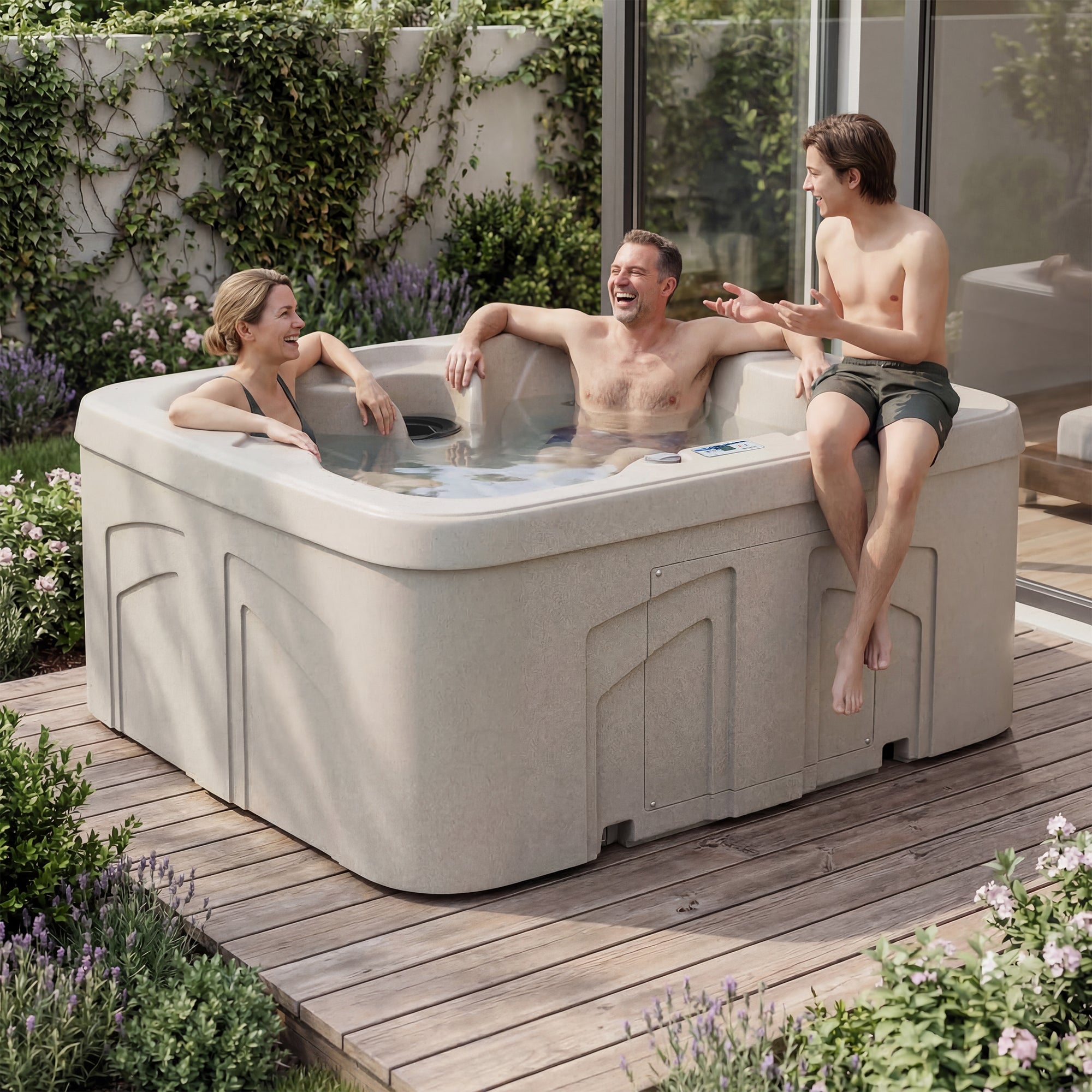 LifeSmart LS100 Sand 4 Person Plug and Play Square Hot Tub Spa with Black Cover