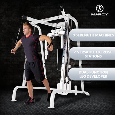 Marcy Pro Smith Cage Workout Machine Total Body Training Home Gym System, White