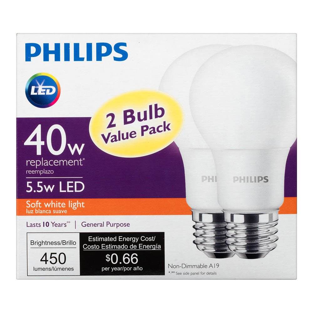 Philips 5.5 W A19 40W Replacement Soft White LED Light Bulb, 2 Pack (Open Box)